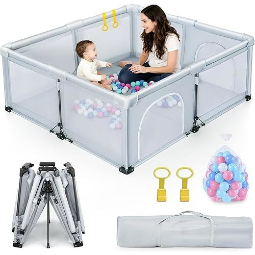 Foldable Baby Playpen 59"X71", Foldable Playpen for Babies and Toddlers, with 50 Balls & 2 Handlers,Indoor&Outdoor Portable Play Pen. Quick Installation & Folding Baby Play Pen