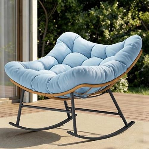 Sikaic Outdoor Papasan Rocking Chair, 450LBS Heavy Duty Egg Rocker with High Back Water Resistant Cushion, Rustproof & UV Resistant PE Wicker Patio Chair for Porch, Garden, Living Room, Sky Blue
