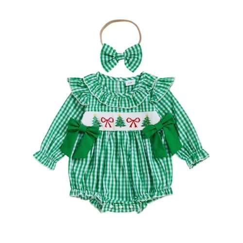 yocbz Baby Girl Cotton Linen Romper Christmas Baby Girl Outfit Newborn Santa Smocked Bubble Romper Christmas Tree Bodysuit Cute Xmas Clothes Green,Size for 3-6 Months