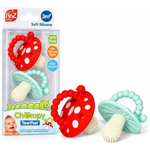 RaZbaby Soft Silicone Infant & Baby 3M+ Teether Toy Massaging Bristles Teething Relief Pacifier - Soothes Sore Gums - Hands-Free & Easy-to-Hold Chompy Teether, BPA Free (RED/Blue)