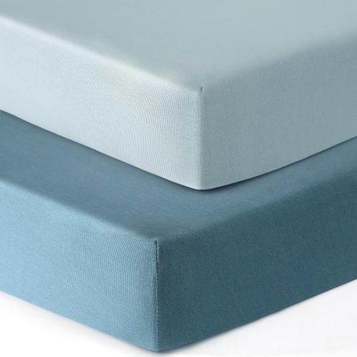 GRSSDER Jersey Crib Sheets for Boys and Girls, Stretchy Ultra Soft Crib Fitted Sheets Set 2 Pack, Universal Fit All Standard Crib Mattress Pads Safe and Snug, Navy Blue/Baby Blue
