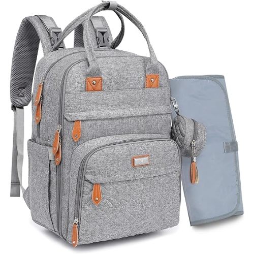 BabbleRoo Diaper Bag Backpack - Baby Essentials Travel Tote - Multi Function Water Resistant Diaper Bag, Travel Essentials Baby Bag with Changing Pad, Stroller Straps & Pacifier Case - Light Gray