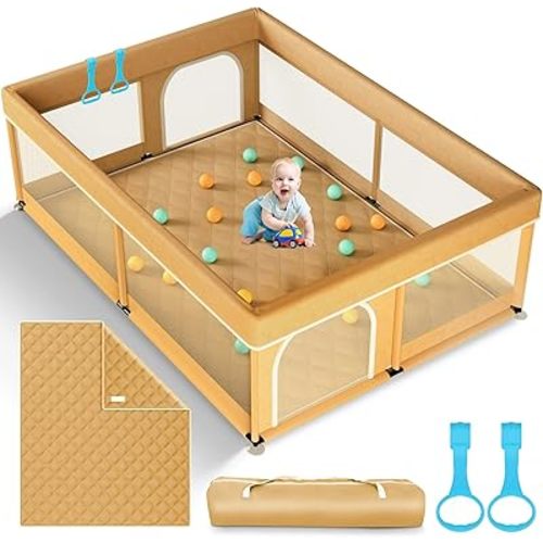 Omzer Baby Playpen with Mat 71"×59" - Extra Large Playpen for Babies and Toddlers with Mat Included, Safety Playard for Baby with Gate, All-Wrapped Soft Sponge Baby Gate Playpen with Stable Mat Velcro