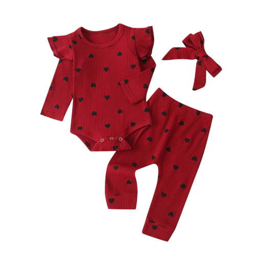 Pejock Newborn Toddler Infant Baby Girls Clothes Romper Pants Set Heart Print Ruffle Romper Pants Headband Clothes Suit, 3-6Months