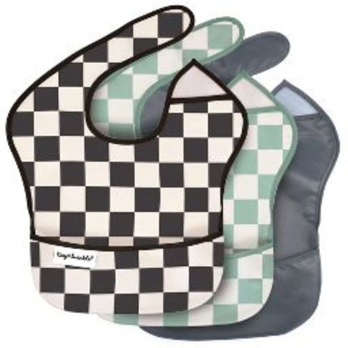 Tiny Twinkle Mess-Proof and Waterproof Baby Food Bib for Boys or Girls, Machine Washable and BPA-Free w/Adjustable Closure (3-Pack, Checkers Boy)