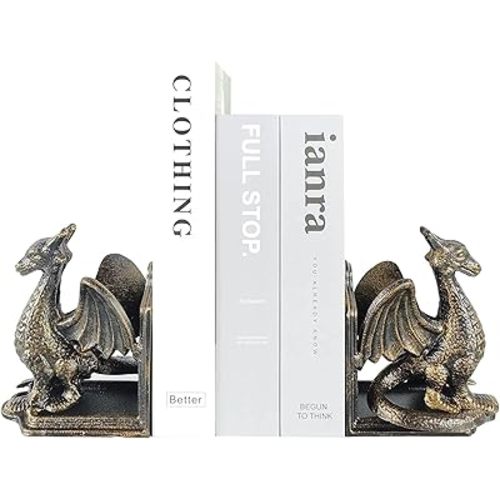 Book Ends - Decorative Book Stopper - Shelves Bookend Support Holder, Unique Dragon Design, Heavy Duty Set 2