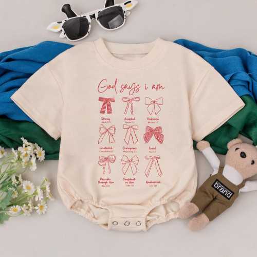 God Says Romper Christian Baby, Coquette Faith Romper Handdrawn, Scripture Quote Romper, Church Outfit Infant
