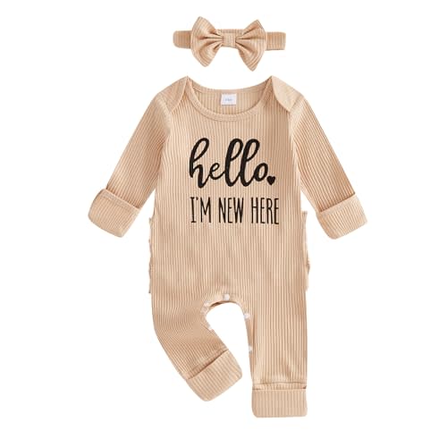 PUHHAPIEY Newborn Baby Girls Rompers Knit Round Neck Long Sleeve Infant Fall Jumpsuits with Headband Coming Home Outfit