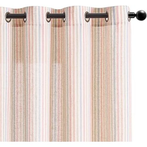 Vangao Linen Striped Curtains for Living Room Bedroom Farmhouse Tickingstripe Light Filtering Window Curtains Printed Drapes Grommet Top 2 Panels Candy W55 x L84 Inch