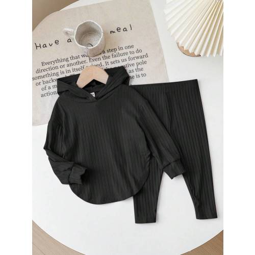 SHEIN Baby Girl Cute Knitted Elastic Solid Color Hoodie Top And Elastic Waist Pants Set, Autumn/Winter Baby Girl Ribbed Two Pieces Set Baby Girl Two Pieces Outfit Two Pieces Set Girls Two Pieces Set Co Ord Set Fall | SHEIN USA