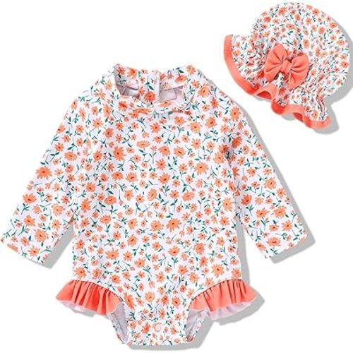 Infant Baby Girl Swimsuit One-Piece Long Sleeve Rash Guard with Hat Set Floral Zipper Bathing Suit Leopard Beach Wear