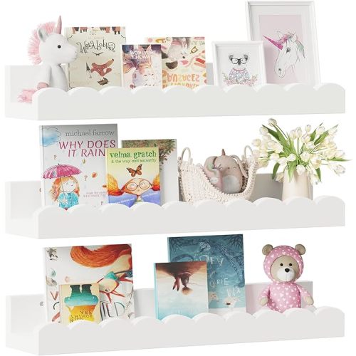 Yirilan 3-Pack Scalloped Shelves, Nursery Shelves for Wall, Floating Nursery Book Shelves for Kids, White