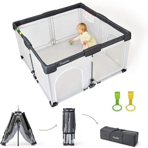 Tinyiota Foldable Baby Playpen, 50x50 Inch Portable Play Yard for Babies and Toddlers with Soft Breathable Mesh, Storage Bag & 2 Pull-Toy Handles for Indoor & Outdoor (Grey, 50x50)