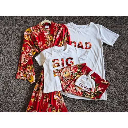 Floral Maternity Robe, Mommy and Me Matching Set, Dad Shirt, Personalized Hat.