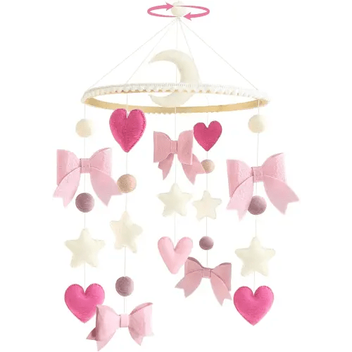 Baby Mobile for Crib Pink Bow Baby Crib Mobile for Girls Handmade Coquette Bow Nursery Decor for Infant Bedroom Hanging Pink Girls Room Decor for Bassinet Gender Reveal Newborn Gifts