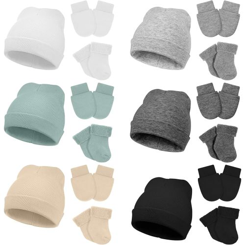 6 Pack Beanie Hats Socks and No Scratch Mittens (0-6 Month,Classic Style,Simple Color)