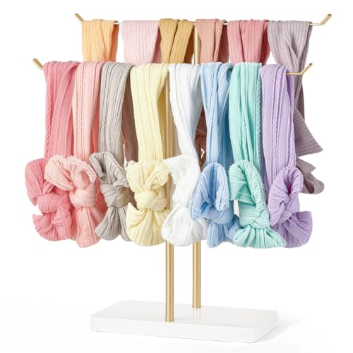 Mkono Headband Holder, 2 Tier Metal Hair Bow Organizer for Girls, Gold | Hair Accessories Storage Stand, Easy Assembly, Stable Wood Tray, Large Capacity, Modern, Nursery Bedroom Baby Girl Room Decor