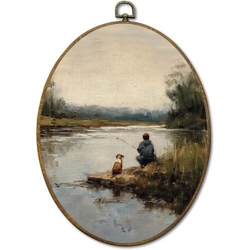 Vintage Boy Fishing Wall Art Decor, Rustic Farmhouse Dog and Boy Framed Canvas Prints 8.6x11.4, Retro Country Landscape Oval Wall Hanging Artwork Decorations for Home Bedroom Living Room