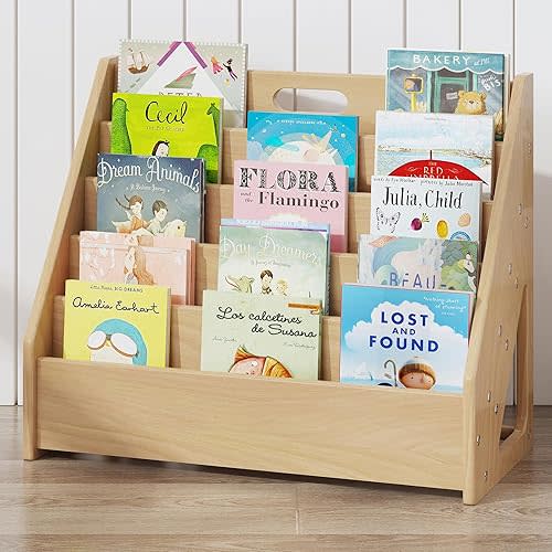 Front-Facing Montessori Bookshelf,5 Tier Book Display Shelf for Toddler,Kids Storage Magazine Rack,Solid Wood Bookcase Organizer,Perfect for Playroom,Bedroom,Study Living Room,Nursery,Classroom