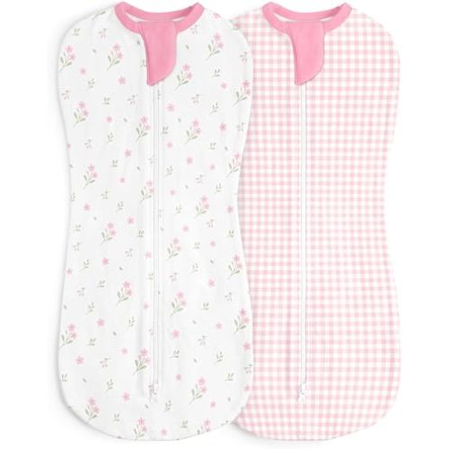 Baby Swaddle 0-2 Months, Cotton Arm-In Zipper Sleep Sack, Wearable Blankets Wrap for Newborn Infant Girls (Floral, Checkered, Pack of 2)
