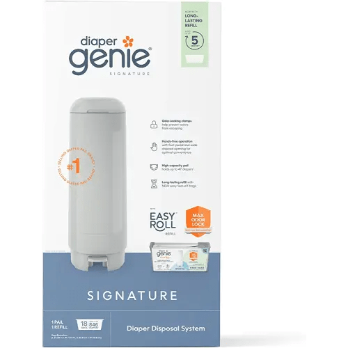 Diaper Genie Signature Pail (Grey) Includes 1 Easy Roll Refill with 18 Bags | Holds Up to 846 Newborn-Sized Diapers Per Refill
