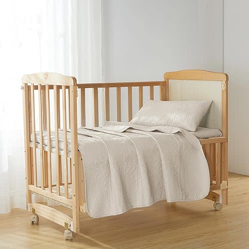 Hearth & Harbor 3-Piece Toddler Bedding Set – Soft, Breathable All-Season Quilt and Coverlet for Kids – Lightweight and Cozy Bedspread - Grid Weave - Off White