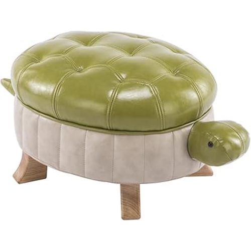 Animal Ottoman Footstool, Turtle Sofa Stool, PU Leather Upholstered Wood Ottoman Foot Stool (Color : Green-S)