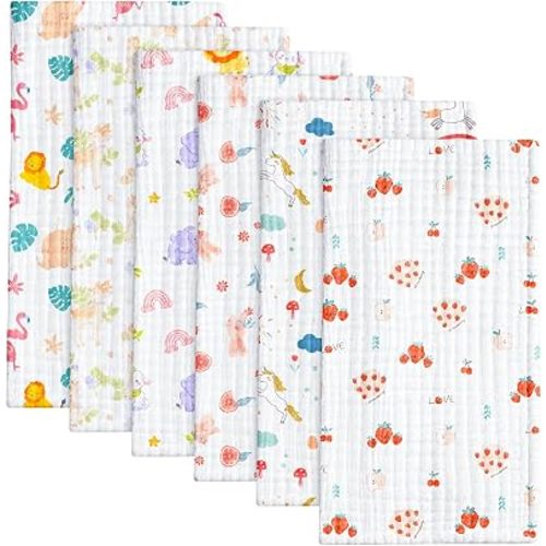 6 Pack Baby Muslin Burp Cloths - 20" x 10" Cotton Burp Rags 6 Layers Muslin Cloth Absorbent Ultra-Soft Burping Cloths Feeding Gifts for Newborns Girls