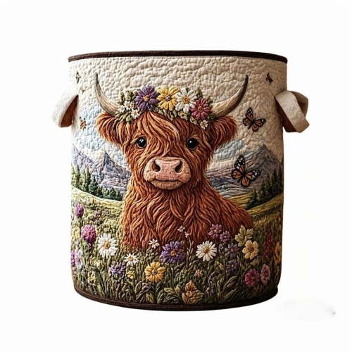 Highland Cow Storage Basket, Embroidered Laundry Basket with Handles, Cute Farmhouse Blanket Basket for Nursery, Living Room, Bedroom, Toys, Clothes, Towels and Home Decor, S-14*18in