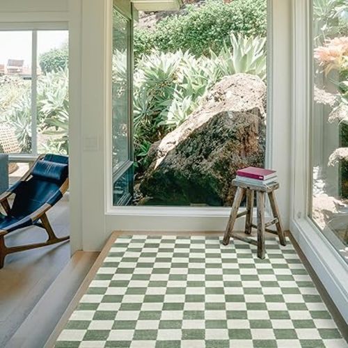 Revival Rugs Gambit 3'11"x6'1" Checkered Rug Machine Washable Area Rug for Kitchen Bedroom - 100% Recycled Oeko-TEX Certified, Medium Pile, Green, Beige