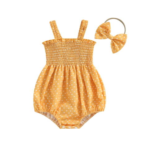 Wassery 3-6 M Polyester Sleeveless Frill Smocked Romper with Headband Set, Yellow, 2 Pack