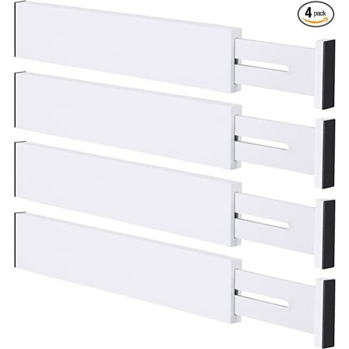 Bamboo Drawer Dividers Organizers, Kitchen Drawer Organizer, Adjustable Drawer Divider for Clothes, Kitchen, Dresser, Bedroom, Bathroom and Office, 4-Pack (White, 12-17 IN)