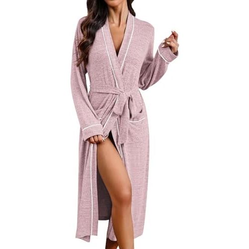 Ekouaer Womens Robe Long Bathrobe Lightweight Soft Knit Kimono Robes Ladies Casual Sleepwear S-XXL