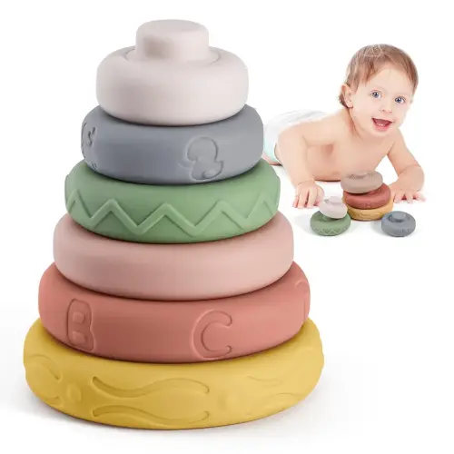 BOBXIN Stacking & Nesting Rings Toy, Soft Circle Stacker, 6 pcs Building Stacker,Teethers for Baby, Squeeze Play with Letter, Animal and Graphic, Toddler Learning Toys for 6 Month Old Boys Girls