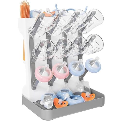 Baby Bottle Drying Rack, Vertical Bottle Rack Dryer Space Saving Bottle Drying Rack Countertop Organizer with Brush Holder for Bottles & Baby Accessories Pacifiers and Pump Part- BPA-Free (Gray)