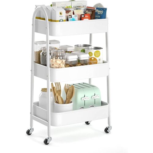 EAGMAK 3 Tier Utility Rolling Cart, Metal Storage Cart with Handle and Lockable Wheels, Multifunctional Storage Organizer Trolley with Mesh Baskets for Kitchen, Living Room, Office, Garage (White)