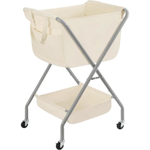 STORAGE MANIAC Collapsible Laundry Cart with Wheels 35.6"H Removable Canvas Bag Rolling Laundry Hamper Clothes Basket with Wheels, Sturdy Steel Frame Folding for Small Narrow Space Easy Storage, Beige