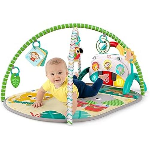 Bright Starts 4-in-1 Groovin’ Kicks Piano Gym, Tummy Time Play Mat & Activity Baby Toys, Green - Tropical Safari, Newborn to Toddler