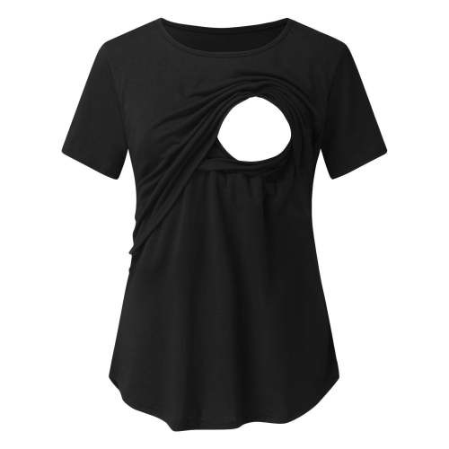 Odeerbi Maternity Shirts Womens Nursing Solid Color Round Neck Short Sleeve Breastfeeding Blouse Black