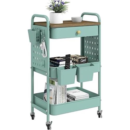 danpinera 3 Tier Rolling Cart, Metal Utility Cart with Wooden Table Top & DIY Pegboard, Rolling Carts with Drawer, Storage Cart Craft Cart with Hooks & Hanging Cups for Kitchen, Bathroom, Office