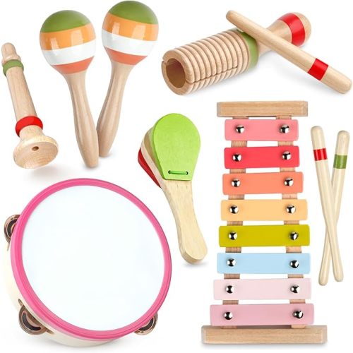 Baby Musical Instruments - Montessori Wooden Musical Toys for Toddlers 1-3, Xylophone Maracas Tambourine Percussion Set, Kids Preschool Music Learning Toys, Educational Birthday Gifts (Rainbow)