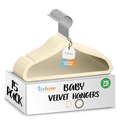 Techzoo Premium Baby Velvet Hangers 15 Pack – 11.8" Non Slip Felt Cloth Hangers for Closet – Ultra Slim, Space Saving Baby Clothes Hangers with 360° Swivel Hook Infant Hangers – Beige