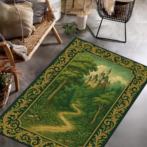 Enchanted Forest Castle Rug – Green Baroque Carpet with Fantasy Landscape, Fairytale Castle Rug for Cottagecore and Nature Lovers