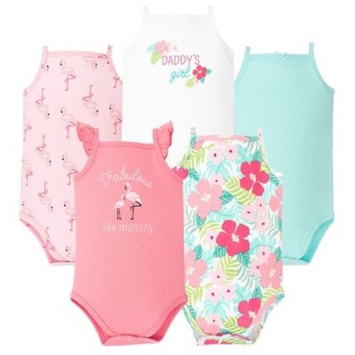 Hudson Baby Girl Cotton Sleeveless Bodysuits 5-Pack, Tropical Flamingo, 0-3 Months