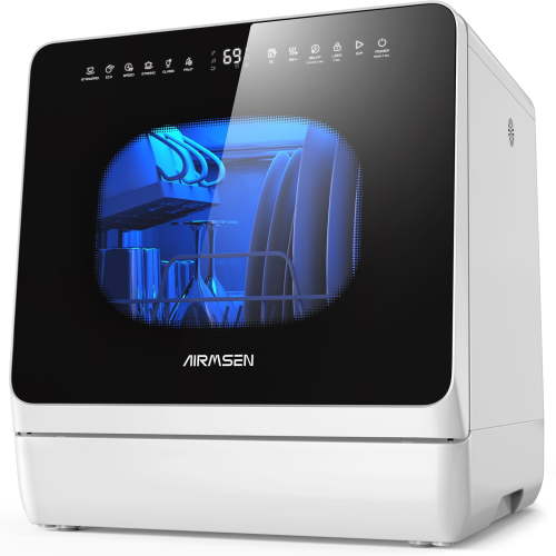 AIRMSEN Countertop Dishwasher with Salt Chamber, Portable Mini with 5L Tank, ECO Mode