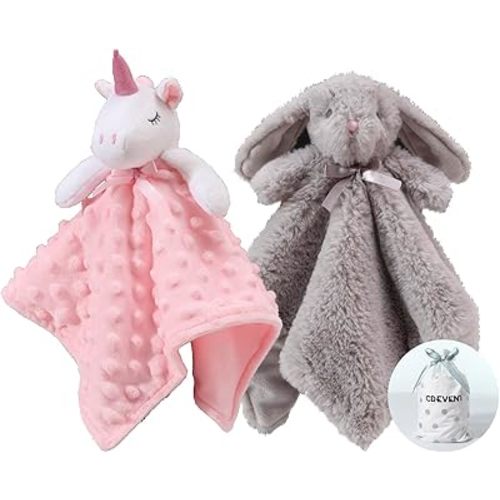 CREVENT Cozy Plush Baby Security Blanket, Loveys for Baby Girls and Boys, Birthday (Unicorn + Bunny)
