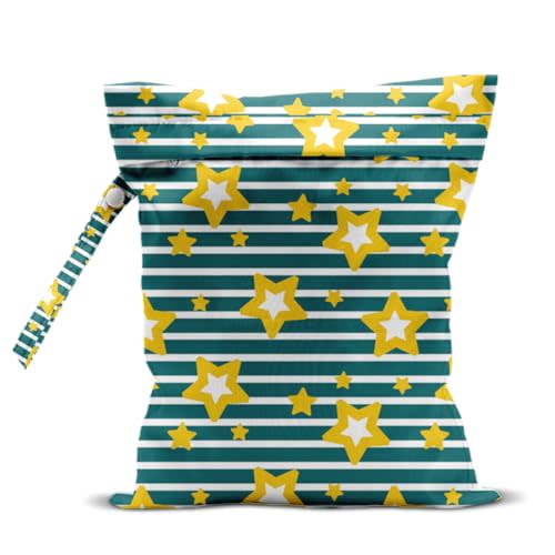 Wet Bag, Wet Dry Bag, Waterproof Swim Bags, Machine Washable Reusable Bags for Beach, Pool, Diapers, and Dirty Yoga Gym Clothes(Green Stripe & Yellow Star Pattern