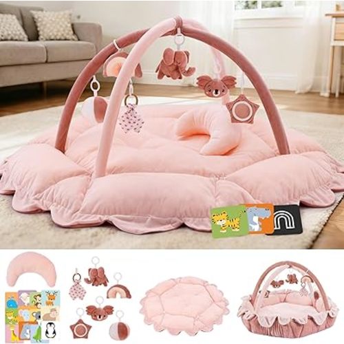 5-in-1 Baby Activity Gym & Play Mat with 6 Hanging Toys, Tummy Time Pillow & Cards - Extra Large, Reversible Machine Washable Pad - Gift for Newborns, Infants 0-12 Months, Pink