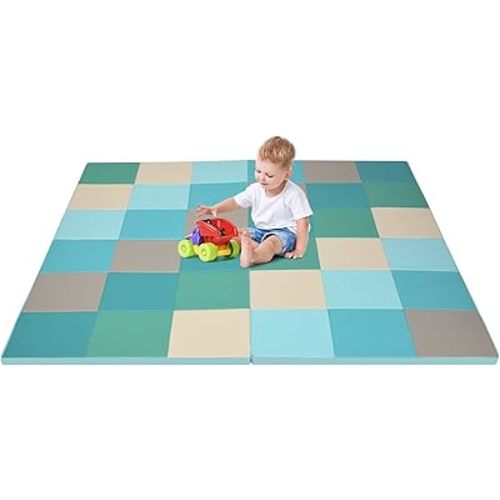 OLAKIDS Baby Foam Play Mat, Foldable 58'' x 58'' Toddler Collapsible Crawl Floor Mat, Waterproof Soft Thick Patchwork Play Mat for Kids Gym Nursery Playroom (Blue)