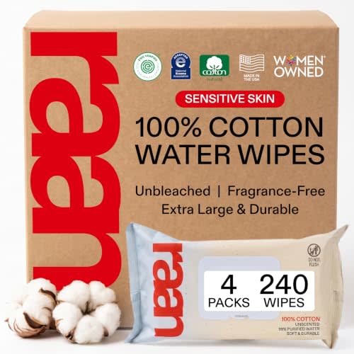 Raan, 100% Cotton Baby Wipes, Unbleached, 99% Purified Water, Unscented, EWG verified, For Extra Sensitive Skin, Naturally Soft and Durable, 4 pack, 240 Count